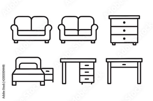 Line art illustration of various furniture pieces in a simple style