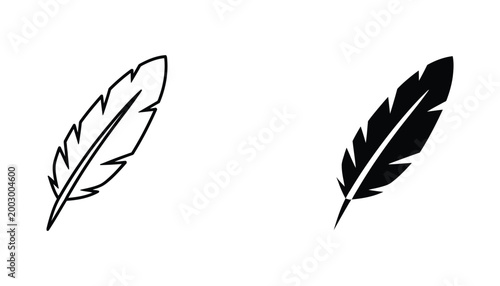 Single bird feather icon set in simple outline and solid black graphic styles for nature and writing themes