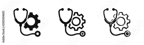 Medical Support Icon Set, Stethoscope and Gear Wheel, Healthcare Technology and Service Symbols