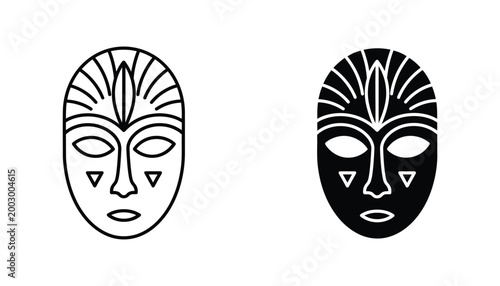Tribal african mask icon set with geometric patterns in outline and solid black styles for cultural art