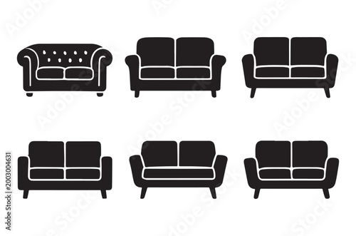 Black silhouette illustrations of various sofa designs arranged in a grid