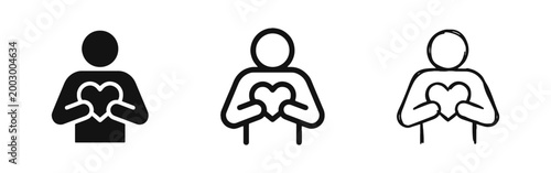 Care and Love Icon Set, Person Holding Heart Symbol, Empathy and Donation Symbols
