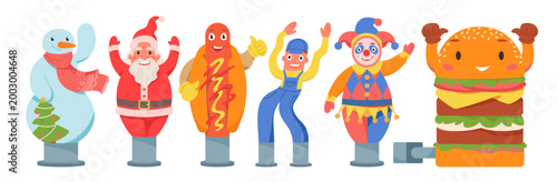Cartoon inflatable figures including snowman, Santa, hotdog, worker, clown, and burger, each isolated on white background vector illustration
