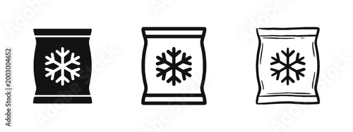 Frozen Food Icon Set, Package Bag with Snowflake Symbol, Cold Storage and Ice Symbols