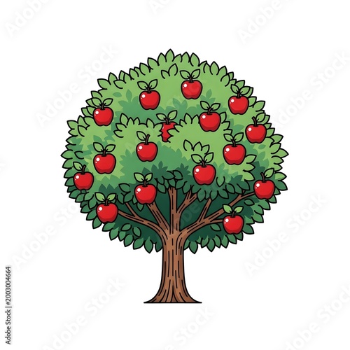 Illustration of a lush green apple tree laden with ripe red apples, symbolizing abundance and harvest in a vibrant cartoon style