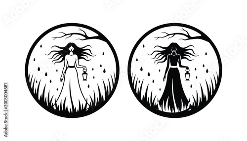 Mysterious woman holding a lantern in a rainy forest clearing circular vector icon for dark fantasy or storytelling branding design