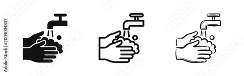 Washing Hands with Soap Icon Set in Solid Outline and Hand Drawn Styles for Hygiene and Health Safety