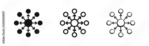 Network and Distribution Icon Set with Central Hub and Arrows in Solid Outline and Hand Drawn Styles
