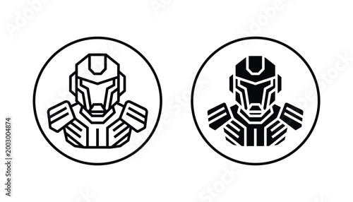 Robotic soldier head in circle frame vector illustration set with line art and solid black silhouette for science fiction and gaming branding design
