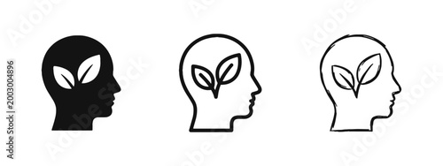 Eco Thinking Human Profile with Leaves Icon Set in Solid Outline and Hand Drawn Styles for Sustainability