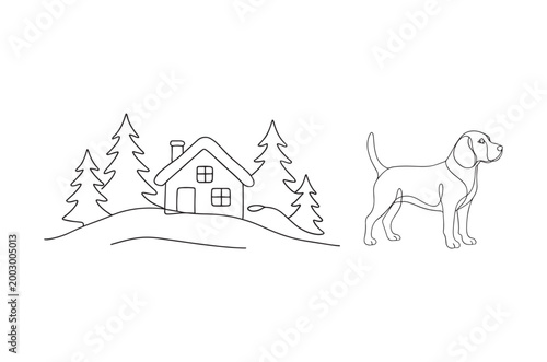 Simple line drawing of a house trees and beagle dog