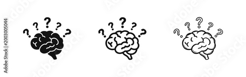 Brain with Question Marks Icon Set in Solid Outline and Hand Drawn Styles for Thinking and Problem Solving