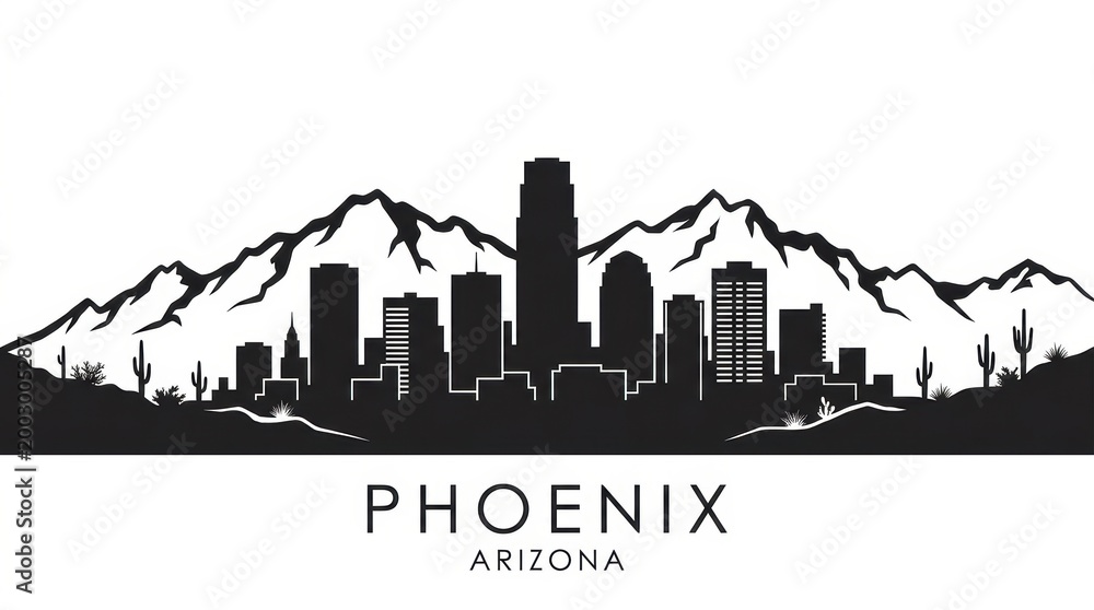 Fototapeta premium Black and white silhouette skyline of Phoenix with desert-inspired skyline, Chase Tower, and mountain outline.