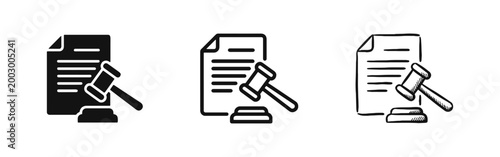 Legal Document and Gavel Icon Set - Solid, Outline, and Hand-Drawn Sketch Styles