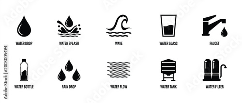 Water Icon Set – Drop Wave Flow and Clean Drinking Symbols Collection