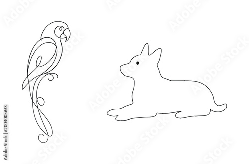 A minimalist line drawing depicts a parrot and a resting dog