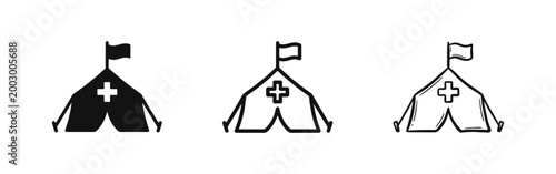 Medical emergency tent icon set, humanitarian aid camp disaster relief symbol