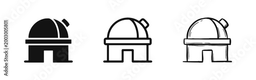 Astronomical observatory dome icon set, space science research building symbol