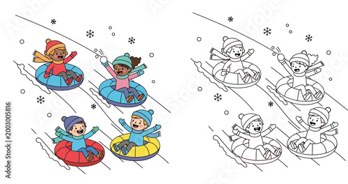Winter fun vector illustration of diverse kids snow tubing down a hill, featuring full color design and black and white outline version for coloring book pages.