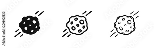 Asteroid meteorite falling icon set, space rock comet impact hazard symbol