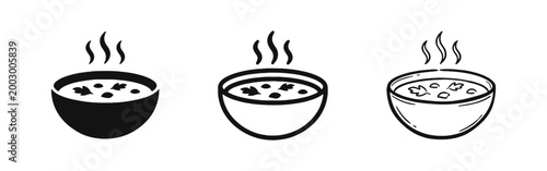 Foto Hot soup bowl food icon set, fresh healthy meal dinner plate symbol