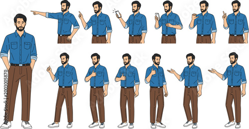 Various Poses and Gestures in Casual Clothing for Business, Presentations, and Communication Themes