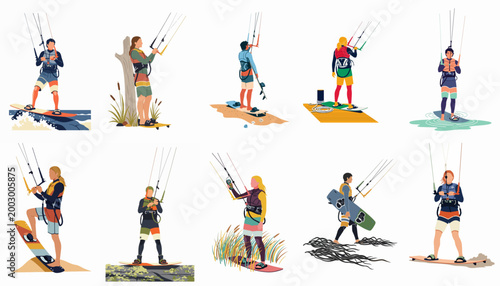 Collection of flat vector illustrations depicting various kitesurfers in different poses and environments, perfect for extreme sports and outdoor activities themes.