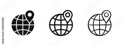 Foto Global location globe pin icon set, world map navigation travel destination poin