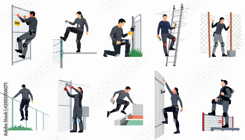Fotografía Collection of illustrations showing security agents and intruders climbing fences, cutting locks, and navigating obstacles during a tactical or security breach mission