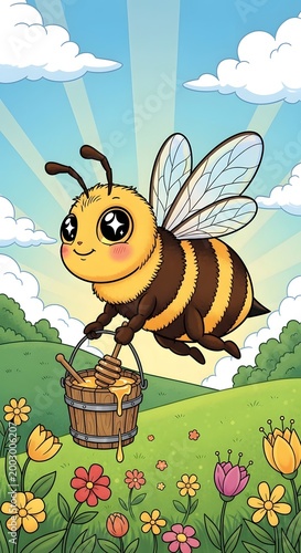 Delightful Cartoon Bee Flying with a Honey Bucket in a Sunny Floral Meadow - Whimsical Illustration of a Happy Honeybee Collecting Nectar Amidst Vibrant Spring Flowers Under a Blue Sky