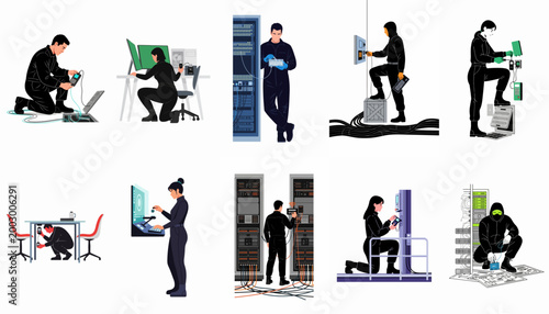 Bild auf Leinwand Collection of illustrations featuring technical experts, hackers, and secret agents performing various cyber security, surveillance, and electronic maintenance tasks in different settings