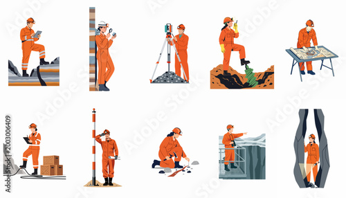 Vector collection of diverse mining professionals, including geologists and engineers, performing tasks like surveying, drilling, mapping, and mineral sampling in an industrial environment.