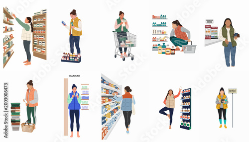 A collection of flat vector illustrations showing a young woman shopping for medicine, vitamins, and supplements in various pharmacy and supermarket scenes.