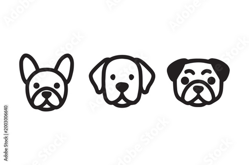 Minimalist illustration of three different dog breed faces in black and white