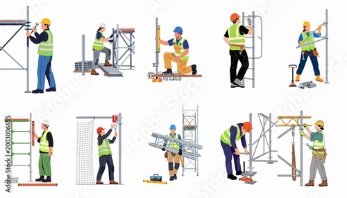 Collection of male and female construction workers in high-visibility gear assembling and maintaining metal scaffolding using various industrial tools on a white background.