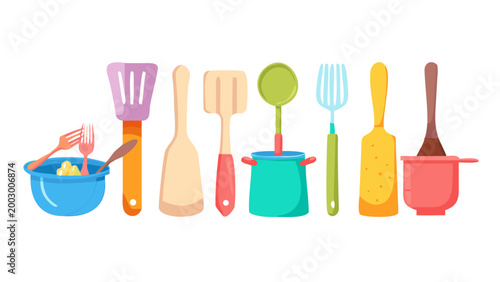 Cooking Kitchen Utensil Tool Chef Icon Set Flat Vector Illustration Isolated Colorful Collection

