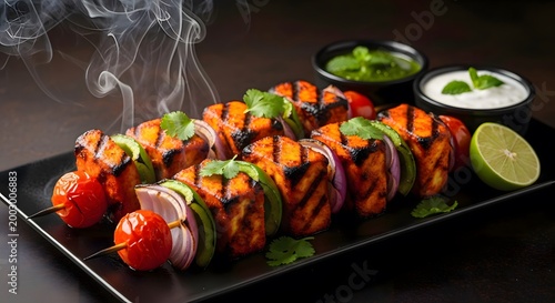 Grilled paneer tikka skewers with spicy chutney and lime Food Photography