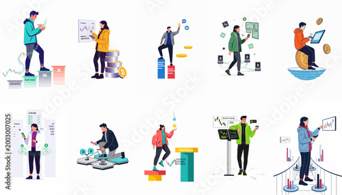 Fotografie Vector Illustration Collection Featuring Diverse Characters Engaged in Cryptocurrency Trading, Arbitrage Strategies, and Financial Market Analysis