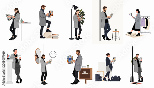 Collection of stylish creative professionals using digital tablets for design and mood boarding in modern, minimalist indoor settings.