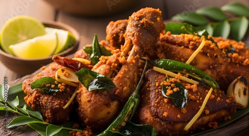 Spicy chicken fry with curry leaves and lemon on a plate Food Photography