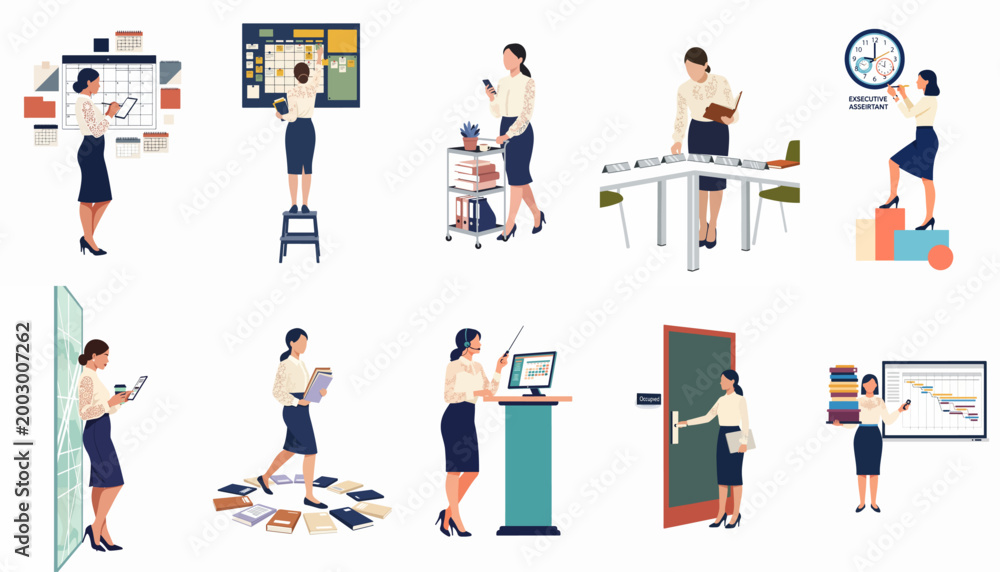 Fototapeta premium Set of illustrations showing a professional executive assistant performing various daily office tasks like scheduling, organizing meetings, and managing documents in flat style.