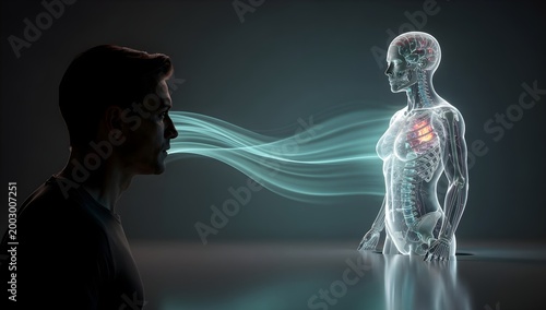 Digital Twin Technology Concept with Human Silhouette and Futuristic Medical Body Scan Visualization