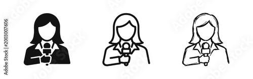 Female News Reporter Icon Set - Journalist with Microphone Symbols