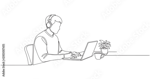 Freelancer Working on Laptop Minimal Line Art Remote Work Lifestyle Illustration
