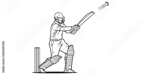 Cricket Batsman Playing Shot Line Art Illustration Sports Action Concept