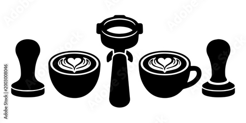 Horizontal Coffee Shop and Barista Equipment Banner - Vector Icon Set of Portafilters, Tampers, and Latte Art Cups
