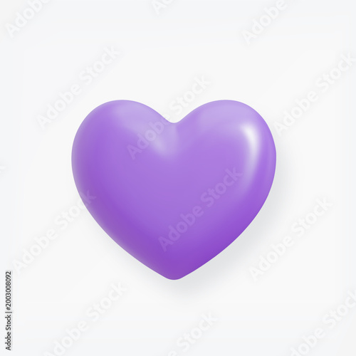3D purple heart shape icon isolated on light background. Balloon realistic glossy love symbol