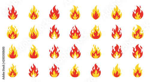 Set of 30 Red and Yellow Fire Icons, Flat Design Flames, Isolated on White Background