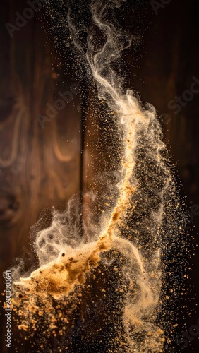 A swirling cloud of golden powder against a dark, wooden background