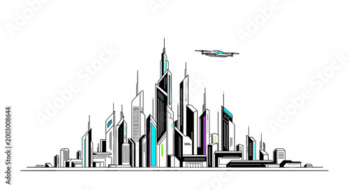 Futuristic city skyline with skyscrapers and flying vehicles